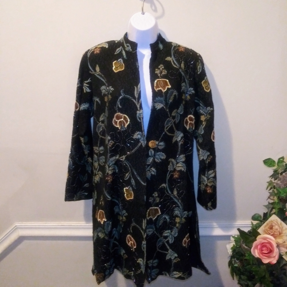 Indigo Moon Boho Beaded & Sequinned Black/Multi Long Floral Brocade Coat - Picture 12 of 12
